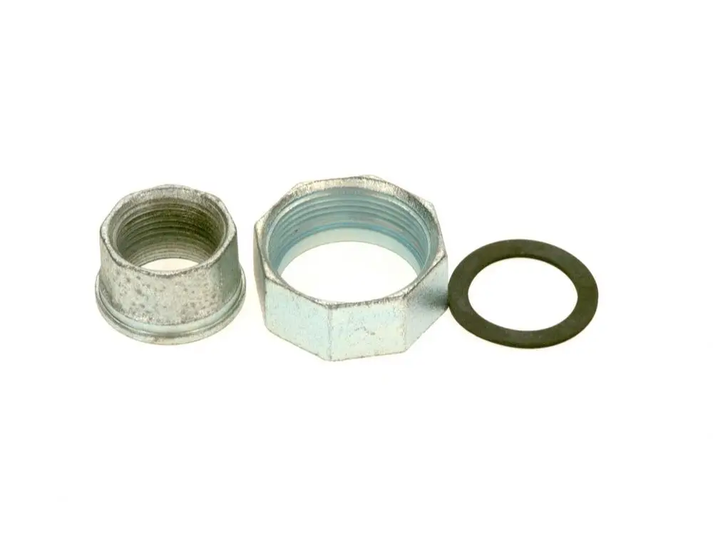 BOSCH Verschraubung mit zwei Teilen und einer Dichtung, aus Metall gefertigt, geeignet für verschiedene Verbindungssysteme.